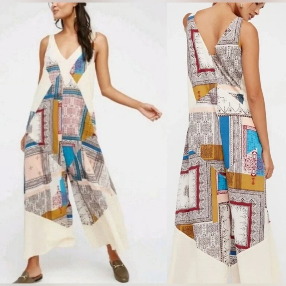 Free People Patchwork V-Neck Wide-Leg Jumpsuit in Cream, Blue, Mustard, Red - Picture 1 of 13